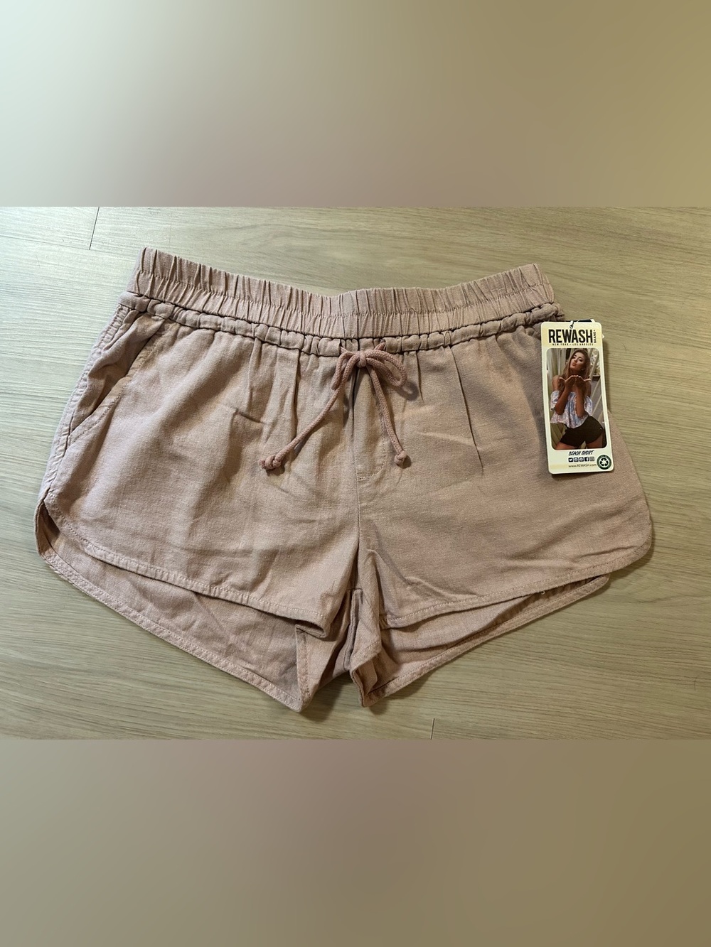 REWASH Linen-Blend Drawstring Shorts in Dusty Pink